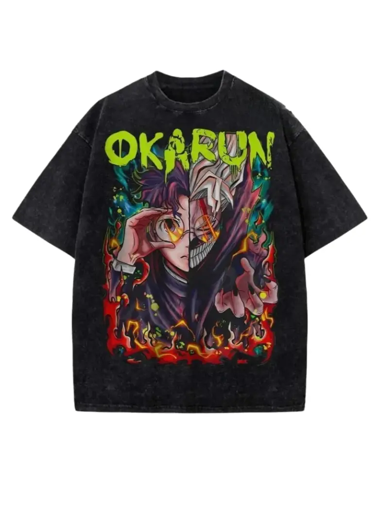 Unisex Vintage Acid-Washed Okarun Dandadan Split-Face Graphic T-Shirt, Oversized Heavyweight Cotton Short-Sleeve Crewneck Anime Manga Streetwear Top, Ideal Gift for Dandadan Fans