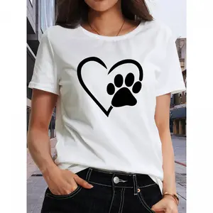 Women's Pet Lover T Shirt Heart Paw Print Graphic Tee Maroon White Soft Stretch Dog Owners Breathable Casual Top Spring Summer Fall Outfits Seasonal Wardrobe Staple Round Neck Lightweight Short Sleeve Blouse