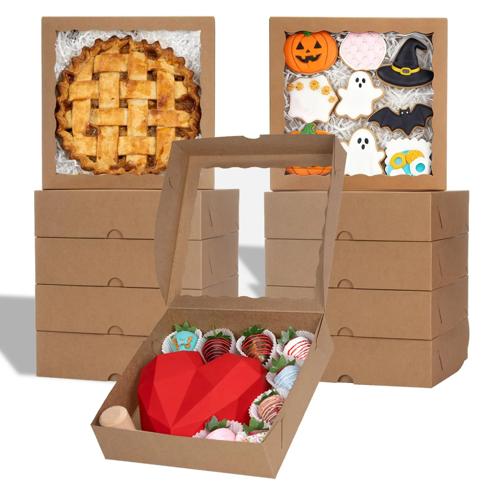 Brown Window Bakery Boxes - 12pcs 9x9x2.5 inches Flat Pack, Festive Party Supply for Christmas, Wedding, Halloween, Ideal for Pie, Cookies, Charcuterie, Food Presentation, Home & Party Bag Gift Accessory