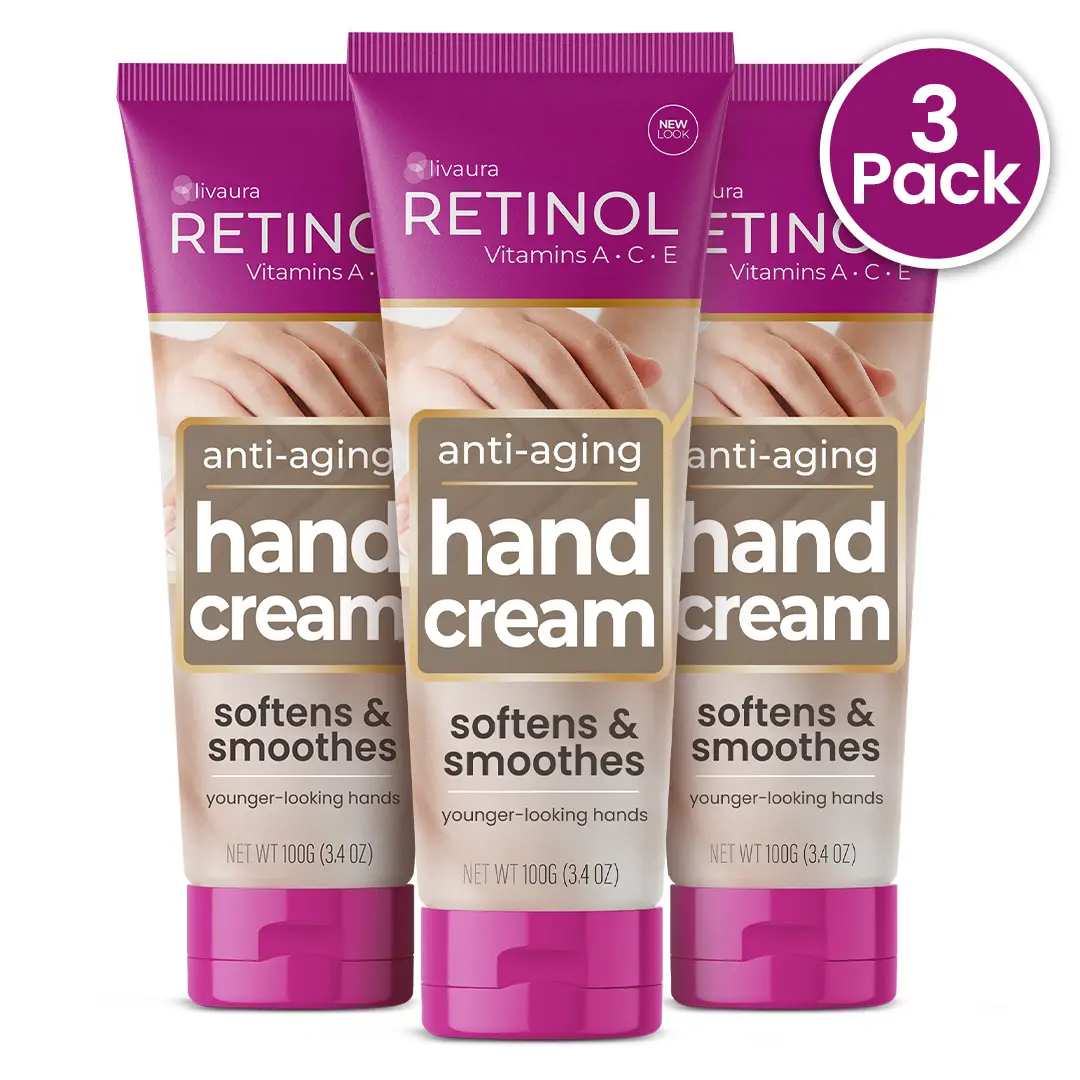3-Pack: Retinol Anti-Aging Hand Cream - Vitamin A Retinol + Vitamins C & E + Green Tea Extract - Hands, Nails & Cuticles - LIVAURA