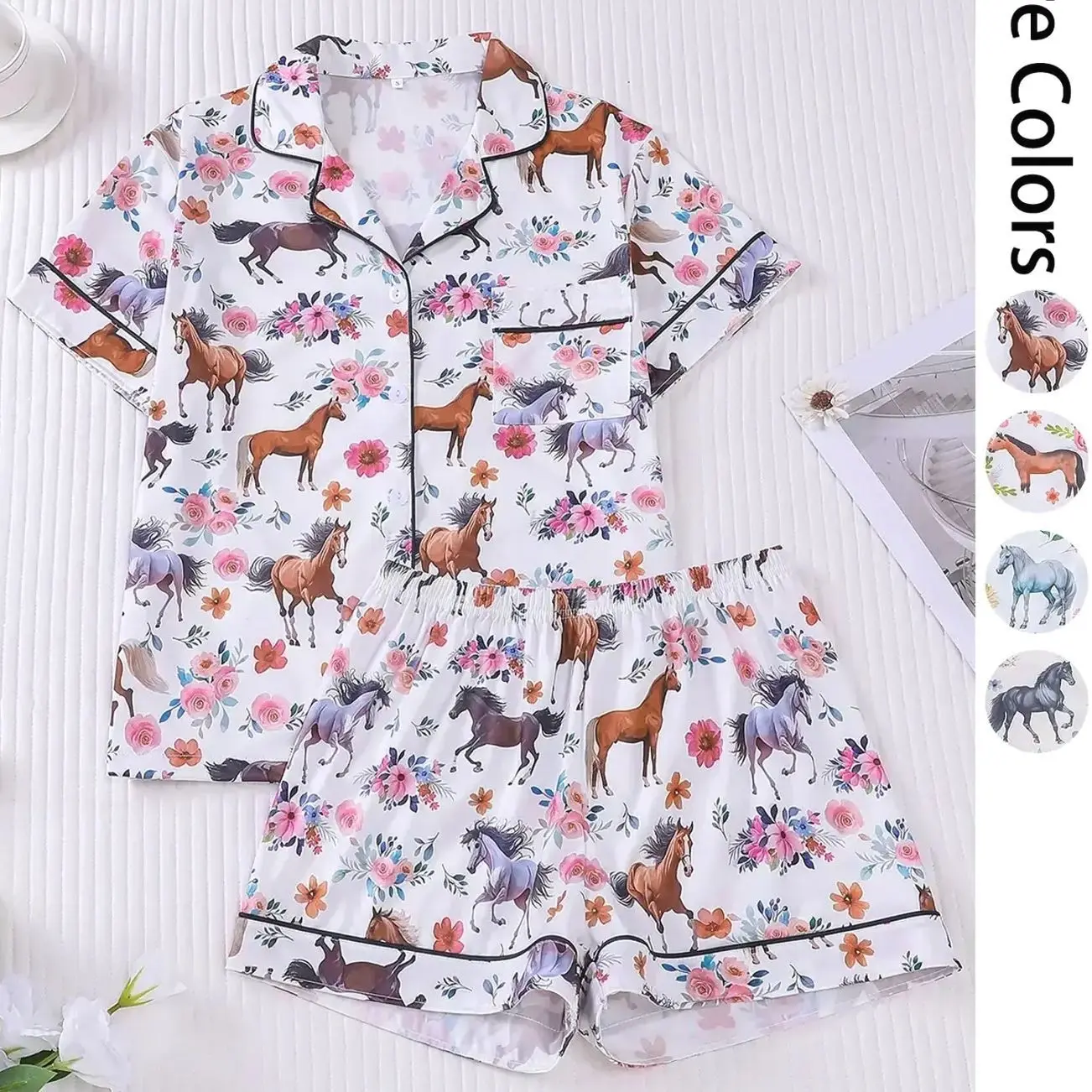 Women's Horse Print Top & Shorts Pajama Set, Casual Comfy Short Sleeve Top & Elastic Waist Shorts Loungewear Set, Ladies Summer Soft Sleepwear Loungewear, Shorts Pyjama, Sleep Pajamas Shorts, Pajama Outfit