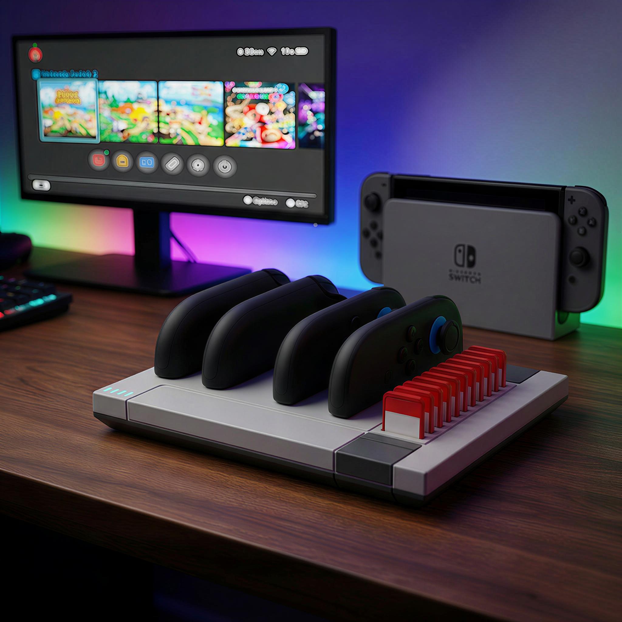 Hosanwell Switch 2 JoyCon Charger Dock, 4-Controller Fast Charging Station with 11 Game Card Storage, Magnetic Retro Charging Stand for Switch 2 JoyCons