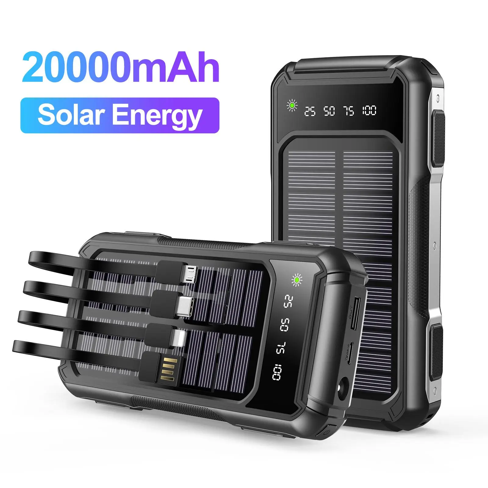 20000mAh Solar Power Bank for Summer, Large Capacity Power Bank with Power Display Compatible with iPhone & Huawei Phone, Mobile Changer with Built-in