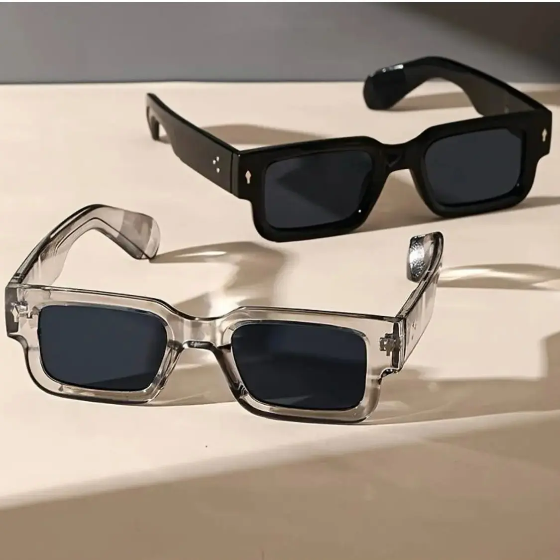 Two Pairs Retro Square Sunglasses, Y2K Trendy Eyewear With Black And Transparent Frames, Uv400 Sun Protection Glasses, Unisex Fashion Shades For Summer Beach, Outdoor Travel And Daily Street Outfits