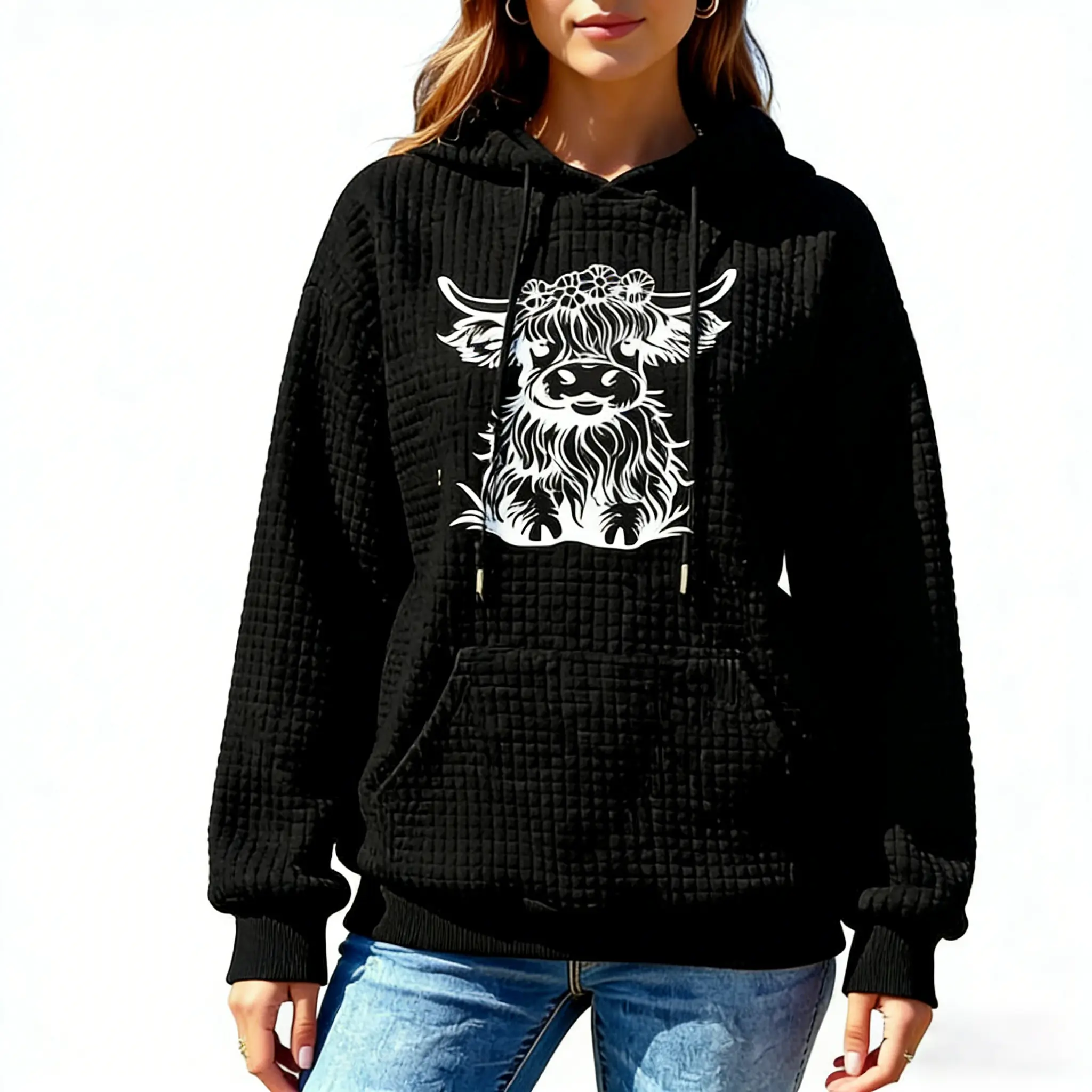 Women's Highland Cow Sweatshirt Cute Animal Graphic Waffle Knit Hoodie,Farm Pullover Country Western Casual Long Sleeve Shirts Tops