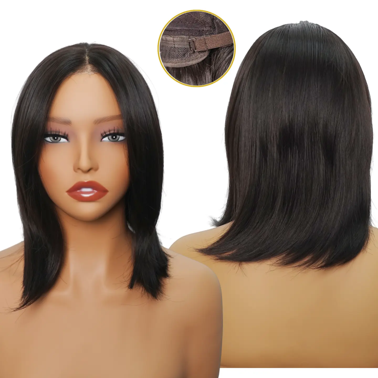 LIVBLEN 15 Inch 13x4 Lace Front Bob Wig for Women, Natural Black Straight Middle Part Wig with Pre-Plucked Hairline, Adjustable Breathable Cap