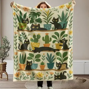 Funny Cats and Plants Blanket Cat Lover Sherpa Cat Plant Lady Gifts Succulent Plush Throw Gardener Cat Mom Gift Greenery Blanket Cat Blanket Suitable for beds and sofas can also be given as a gift