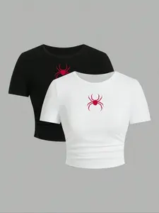 Women's Spider Print Round Neck Crop  Tee, Casual Short Sleeve Crew Neck T-shirt for Summer, Ladies Clothes for Daily Wear Round Neck Top