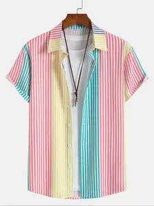 Men's Colorful Striped Print Short Sleeve Shirt, Casual Collared Button Front Top for Summer, Fashion Men's Clothes for Daily Wear