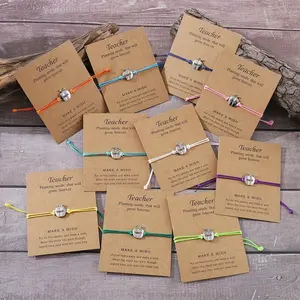 10 Pieces Teacher's Day TEACHER Apple Pendant Color Weaving Adjustable Bracelet Set TEACHER Blessing Card Bracelet Set Back to School Season Graduation Season Gift