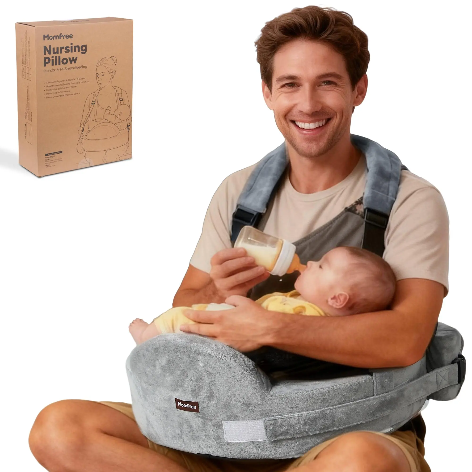 MOMFREE Ergonomic Nursing Pillow with Safety Fence, Adjustable Breastfeeding Cushion for Parents, Easy-to-Clean Removable Cover