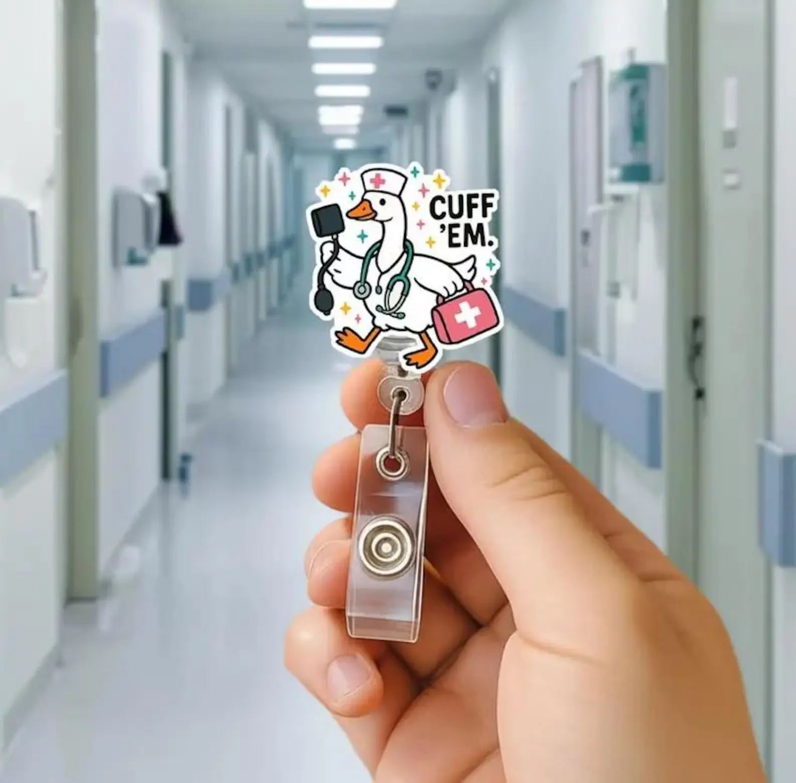 Silly Goose Nurse Badge Reel, Funny Duck ID Holder, Cuff Em Retractable Reel, Cute Medical Badge Clip, Nurse Gift, Vet Tech Accessory