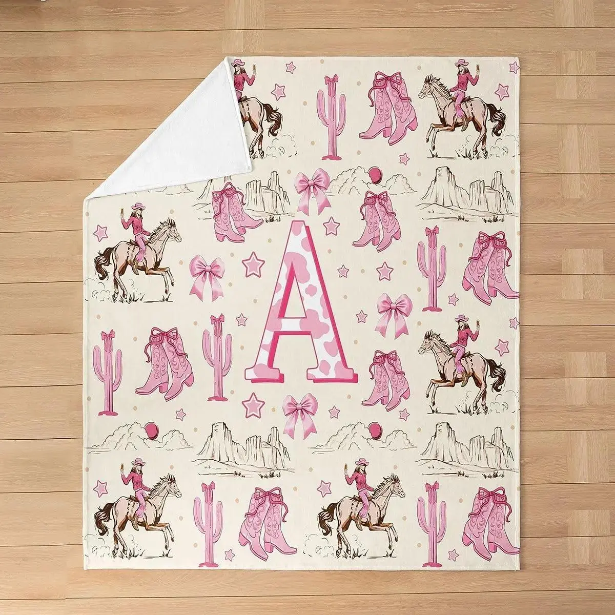 Personalized Western Cowgirl Print Pink Flannel Throw Blanket - Custom A-Z Letter Monogram, Coquette Bow Horse Single-Side Print, Wrinkle-Free Soft Cover for Indoor Use, Giftable for Family