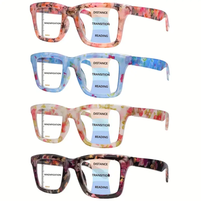 4 Pack Progressive Multifocal Reading Glasses Women Blue Light Blocking Computer Reader Oversized Frame Spring Hinges Stylish Eyeglasses