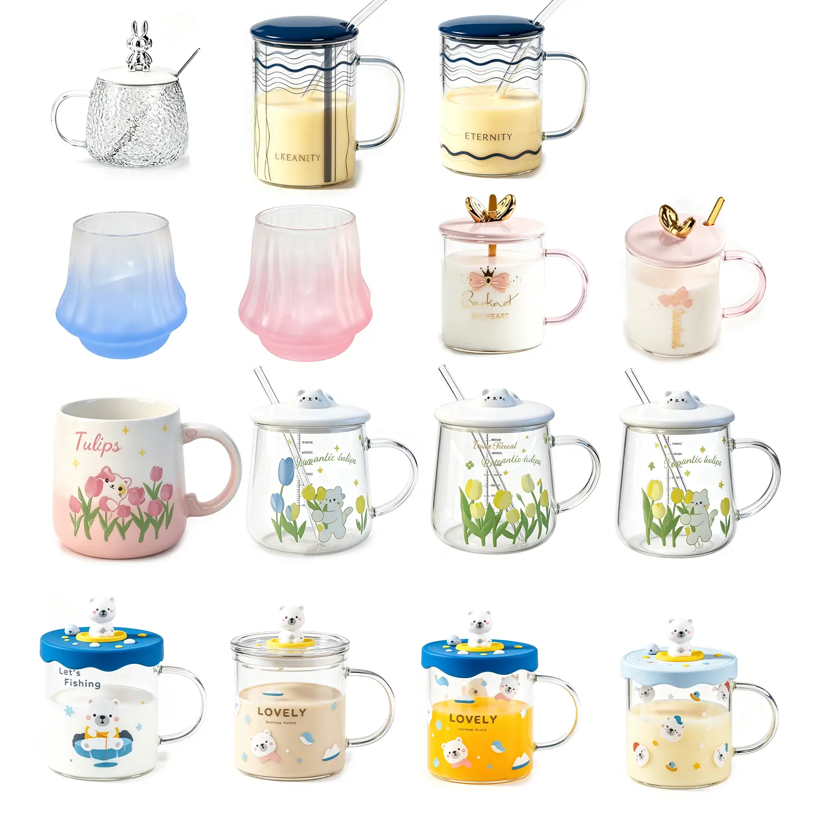 15Pcs Gradient Printed Cute Glass Mug Set - Heat-Resistant Coffee Tumblers with Kawaii Lids, Spoons & Handles, Large Capacity Drinkware for Tea/Milk/Juice, Aesthetic Home Table Decor, Birthday Gift for Women