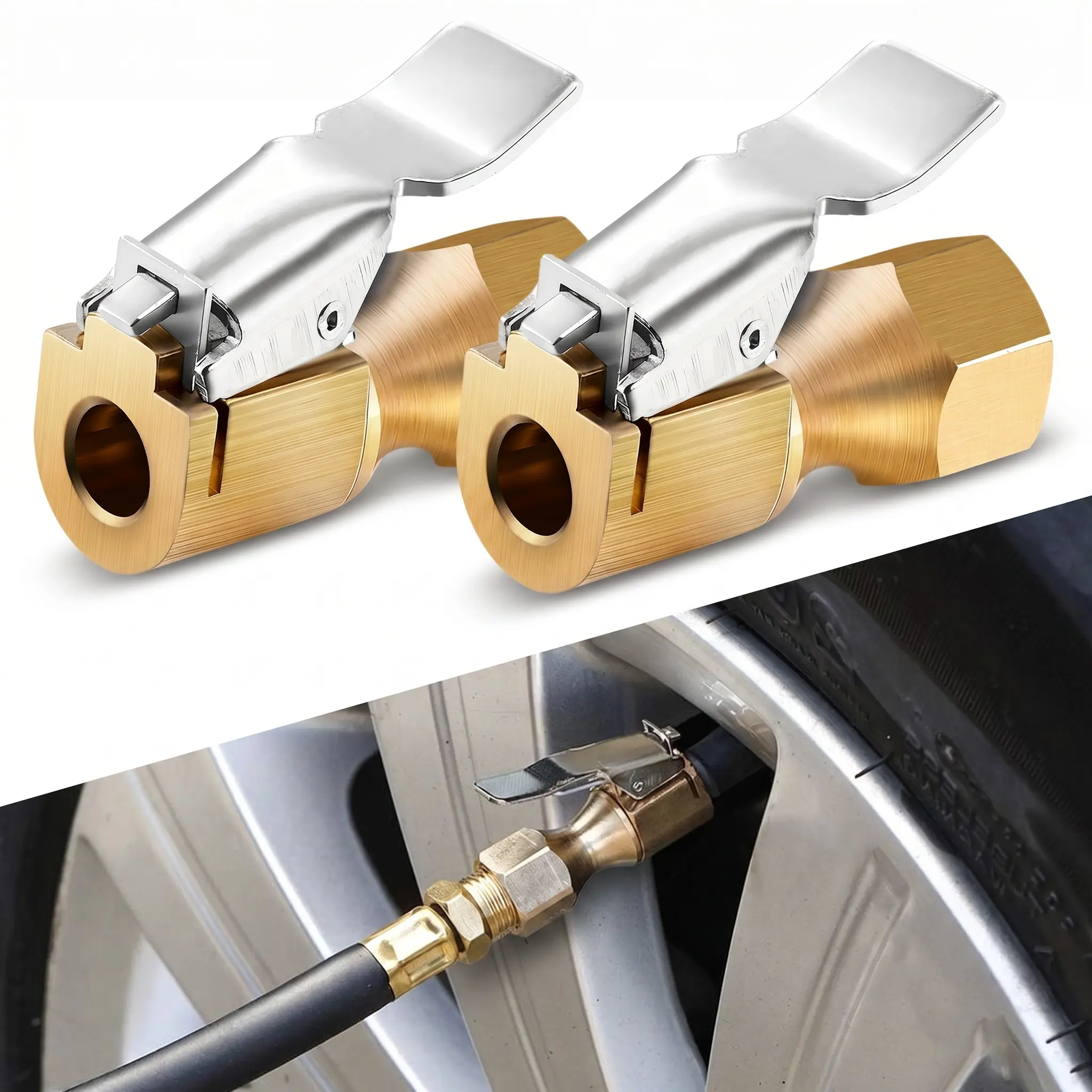 2Pcs Heavy Duty Brass Air Chuck, Open Flow Straight Tire Chuck with Lock-on Clip, 1/4" FNPT Tyre Chuck for Tire Inflator Pressure Gauge Air Pump Compressor Accessories