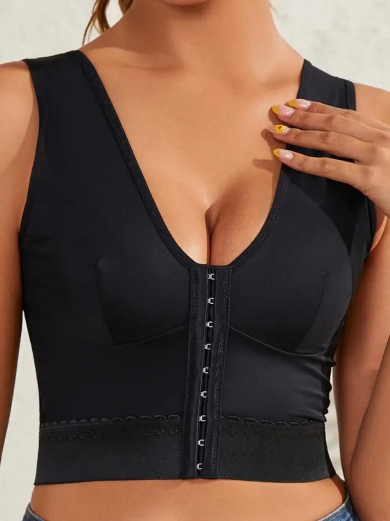 1 Count Women's Front Closure Tight Fit Faja Shapewear Top, Deep V Neck Sleeveless Corset With Breast Lift Support, Solid Color Soft Skin Friendly Compression Bustier, Adjustable Hook Eye Design, Ideal For Daily Outfits Work Events Underwear