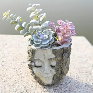 1 piece handmade resin girl face flower pot - rustic wood grain design, irregular shape indoor and outdoor plants, home garden decoration, art style flower stand, rustic style decoration, with textured surface, gardening decoration