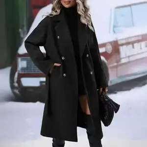 Women's Mid Length Wool Coat Double Breasted Trench Coat Notched Lapel Overcoat with Belt Fall Winter Coat for Office Lady