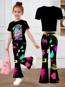 Girls' Soda Graffiti Short Sleeve Set, High Stretch Comfortable, Street Dance Performance, Casual Fitted Pants