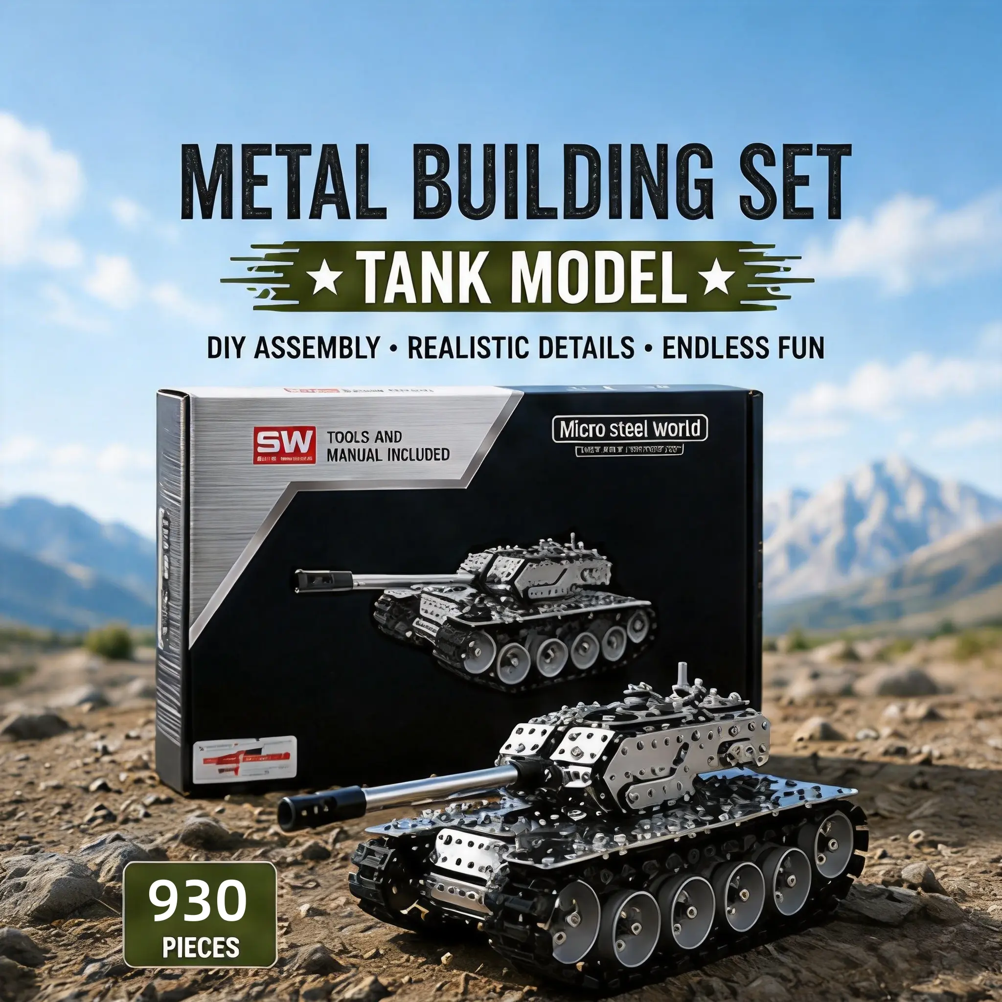 930PCS Stainless Steel Heavy Metal Tank Model Building Kit, DIY Track Vehicle Construction Blocks Toy, Premium Collectible Gift for Teens & Adults Enthusiasts