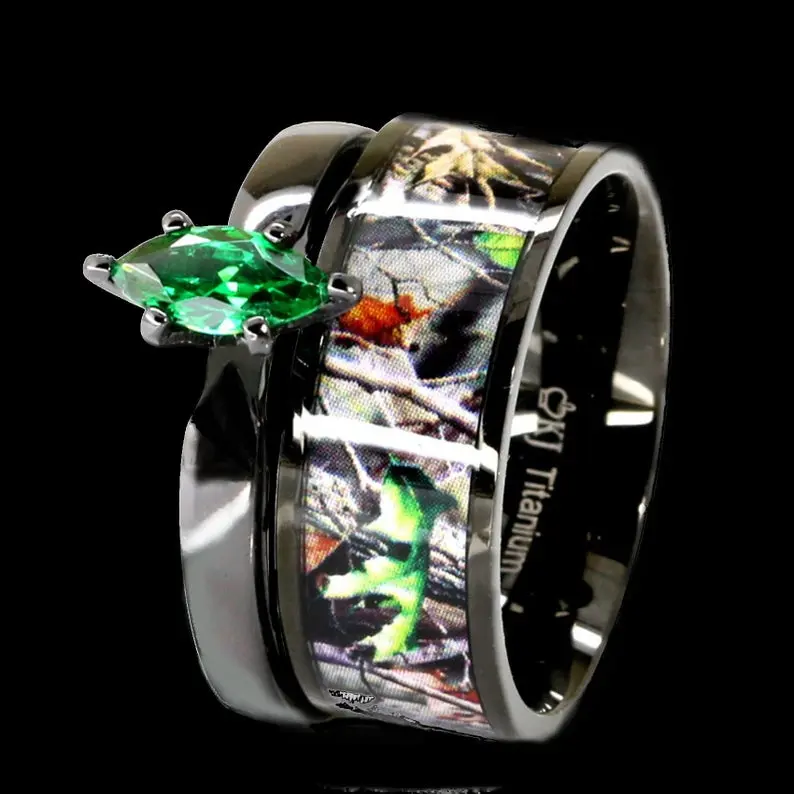 Green & Black Camo Wedding Ring Set (2pc)