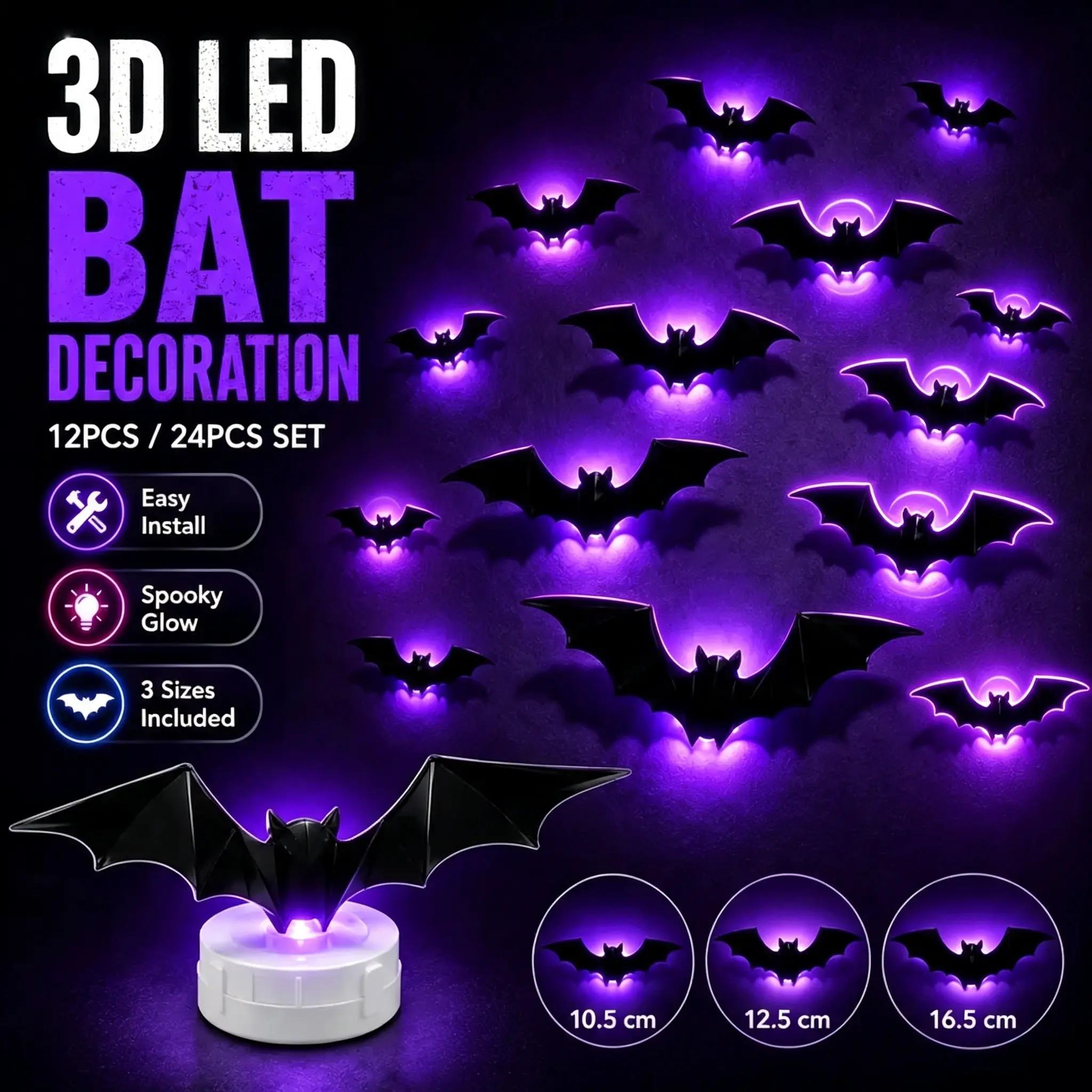 3D Effect Self-Adhesive LED Wall Stickers with Spider-Bat Design, Spooky Halloween Decorations Supplies, Easy-Install Lights for Smooth Walls & Windows