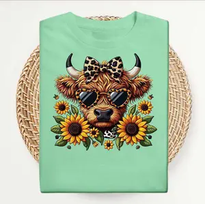 Highland Cow Sunflower T-Shirt - Adorable Design, Women's Top - Womenswear Comfort cute shirts for women