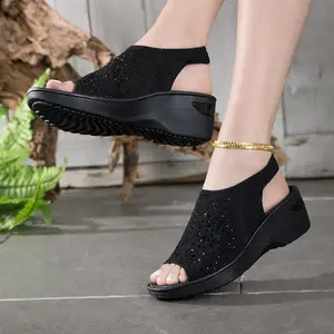 Women’s knitted wedge sandals with rhinestone embellishments, a solid-color woven mesh upper, and a breathable thick sole for added height—casual, versatile, and comfortable platform footwear perfect for beach vacations.