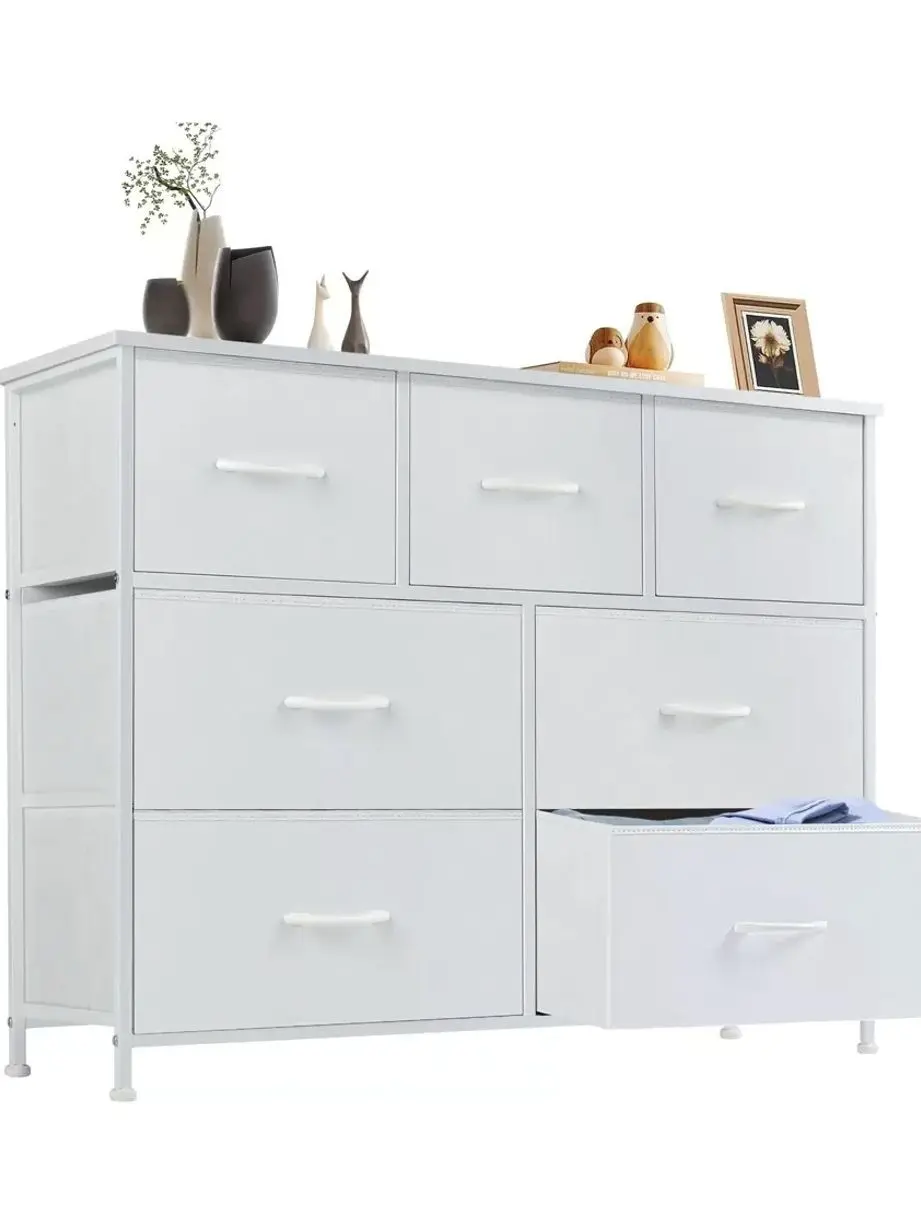 7-Drawer Fabric Dresser Storage Organizer, Wide Closet Chest with Sturdy Steel Frame for Bedroom, Nursery, and Home Organization