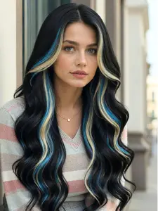 Highlight Blue Skunk Stripe Blonde Synthetic Lace Front Wig, Glueless Long Waves Color Mixed Blue and Black 13x4 Lace Front Wig for Women, Pre-pulled Hairline, 28inch Glueless Frontal Wig