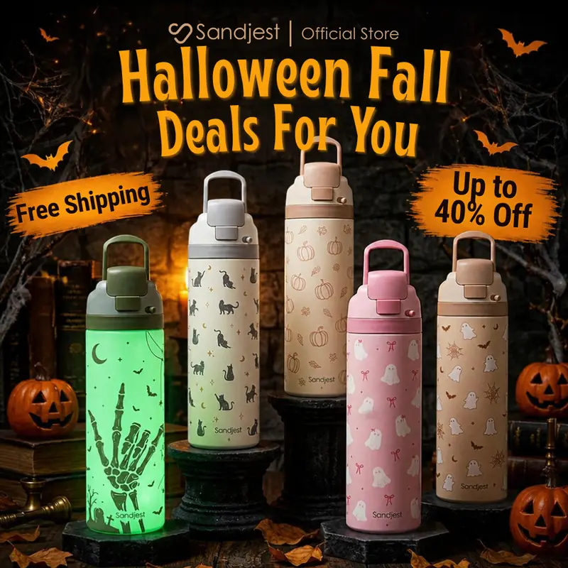 SANDJEST Halloween Fall 24oz/ 32oz Insulated Water Bottle with Locking Push-button Lid, Leak-Proof Stainless Steel Tumbler with Straw & Handle, Portable Reusable, Keeps Cold for 12 Hours for Travel Work Outdoor, Christmas Birthday Gift #falldealsforyou
