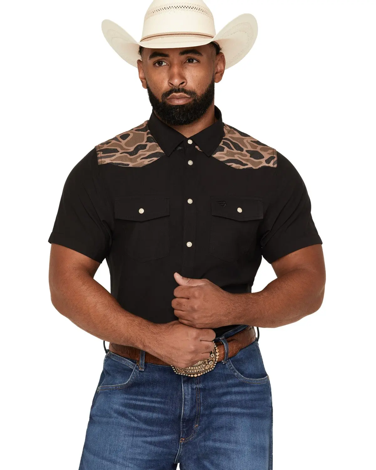 Burlebo Men's Men'S Camo Color Block Short Sleeve Snap Performance - Pws-Drszn