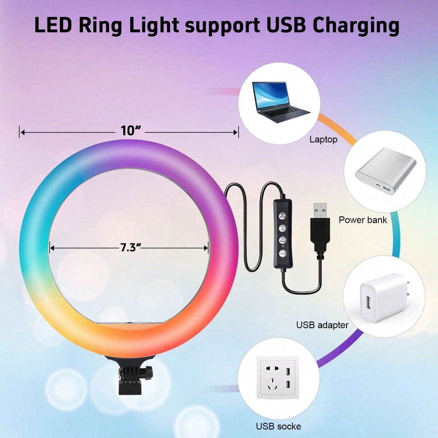 Adjustable LED Ring Light with 63-inch Tripod,10-inch RGB Fill Light ExtendableTripod, Sturdy, Durable, Easy to Store forMakeup/Live Stheaming/Photography Self-Portrait Light