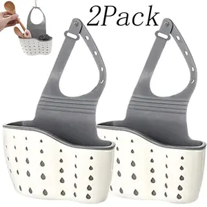 2 Pack Kitchen Sink Caddy,Ajustable Strap Faucet Caddy with Drain Holes,Silicone Plastic Soap Holder,Double Decker Hanging Basket Storage,for Kitchen