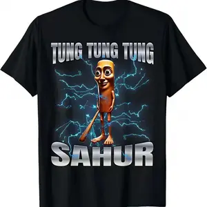 [100%cotton][Graphic Tee]Unisex 100% Cotton "TUNG SAHUR" Meme Graphic Tee Lightweight Short Sleeve Shirt Viral TikTok Trend Funny Anthropomorphic Baseball Bat Design Casual Streetwear Top, Soft Breathable Fit Gift for Meme Lovers S–3XL