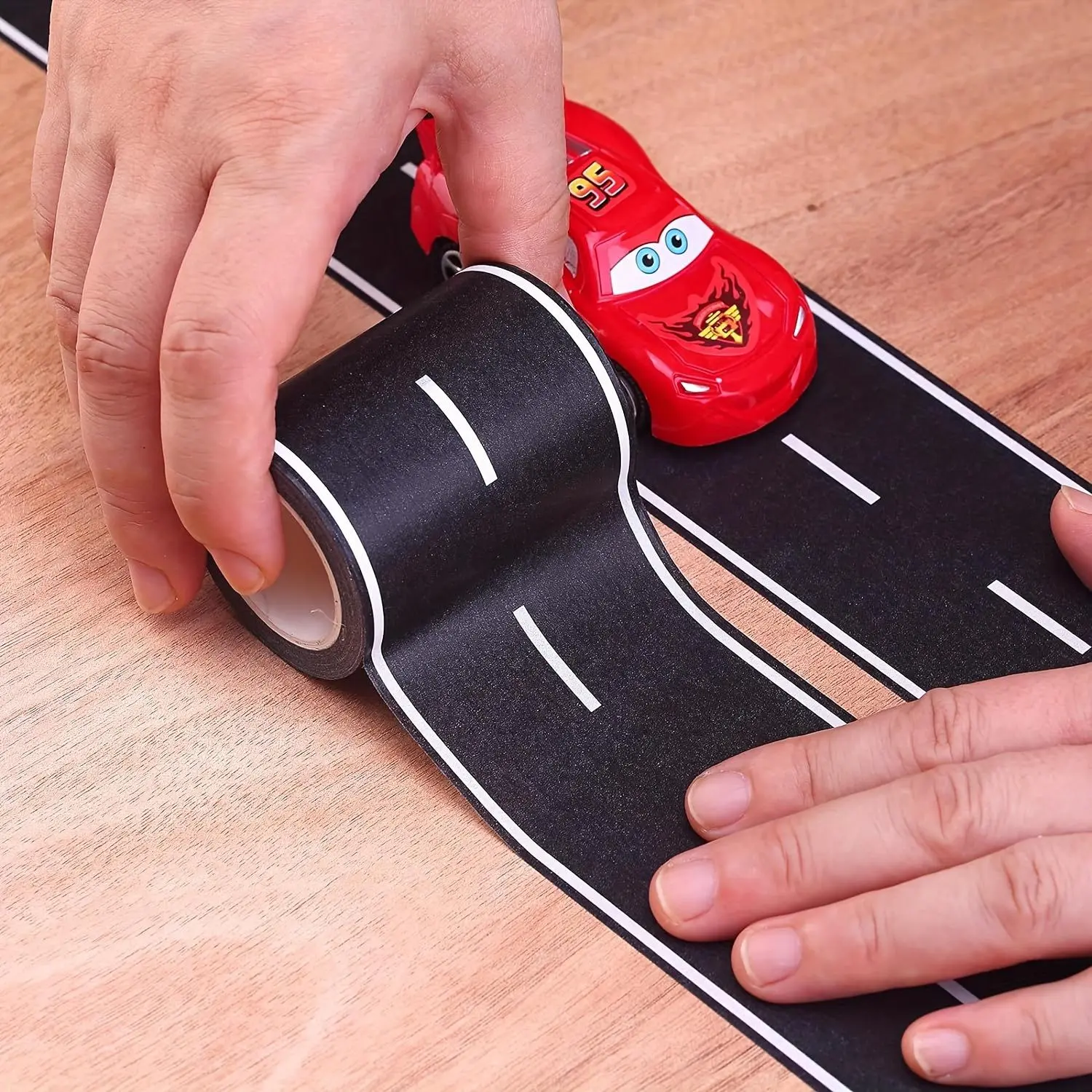 2 rolls Reusable Cartoon Road Track Stickers - Black Polyurethane Tape for Party Racing Decor, Glitter Finish, Auto-Themed Decoration, Decorative Sticker, Decorative Decal, 2 Rolls (16ft x 2in Each)