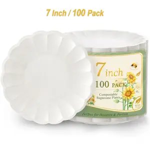 WELLIFE 100 Count 7/9 Inch Scalloped Dessert Plates - Elegant Floral Shape for Cake, Birthday Party, Baby Shower,Wedding - Compostable Bagasse & Leak Resistant, Microwave Safe