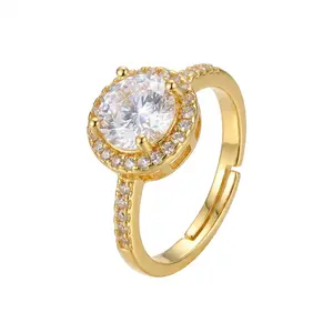 Double Halo Gold Ring for Women| Adjustable 52-58mm Band| Dazzling High-Grade Zircon| Warm Honey Gold Finish| Wear-Resistant & Non-Tarnish| Perfect for Daily Wear, Party, Anniversary & Gift| Trendy Statement Jewelry for Her