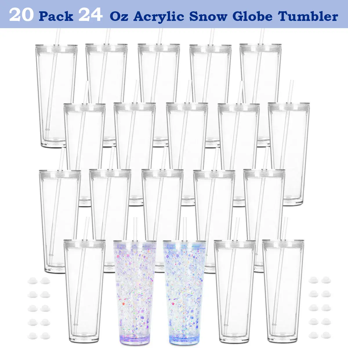 20 Pack 24 Oz Acrylic Snowglobe Tumbler Blank, Double Wall Clear Tumbler with Pre-drilled Hole
