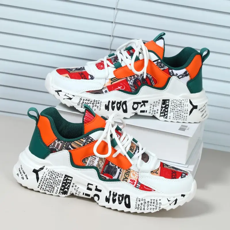 Boho Men's Fashionable Colorblock Letter Print Lace Up Low Top Sneakers, Casual Comfortable Breathable Sports Running Shoes, Male All-match Round Toe Chunky Sneakers for Daily Life