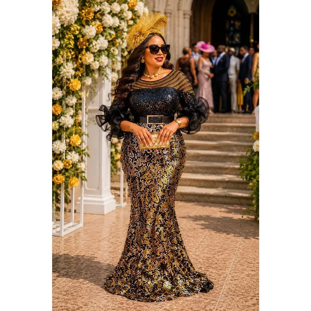 Black & Gold Sequin Ruffle Sleeve Maxi Dress for Mother of The Bride Wedding Guest Cocktail Reception Celebrant Birthday Party Plus Size