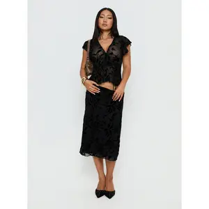 Atira Midi Skirt Leaf Flower Black