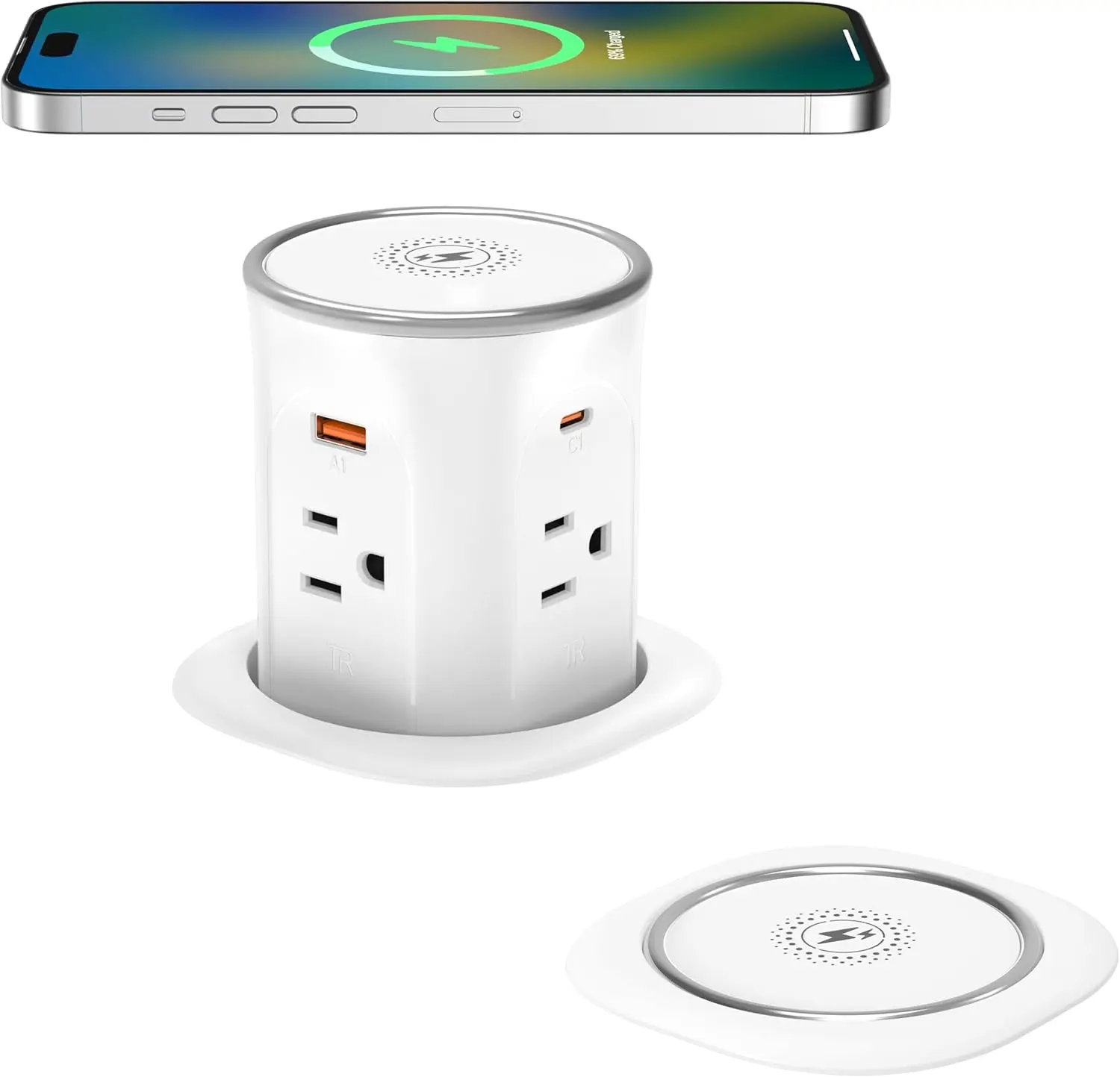 Pop Up Countertop Outlet with 15W  Charger,20W USB C Ports,Flush Mount Tamper Resistant,Recessed Grommet Receptacle,4 USB 4 Outlets,15A,1875W,ETL Listed,3.15in Hole,White
