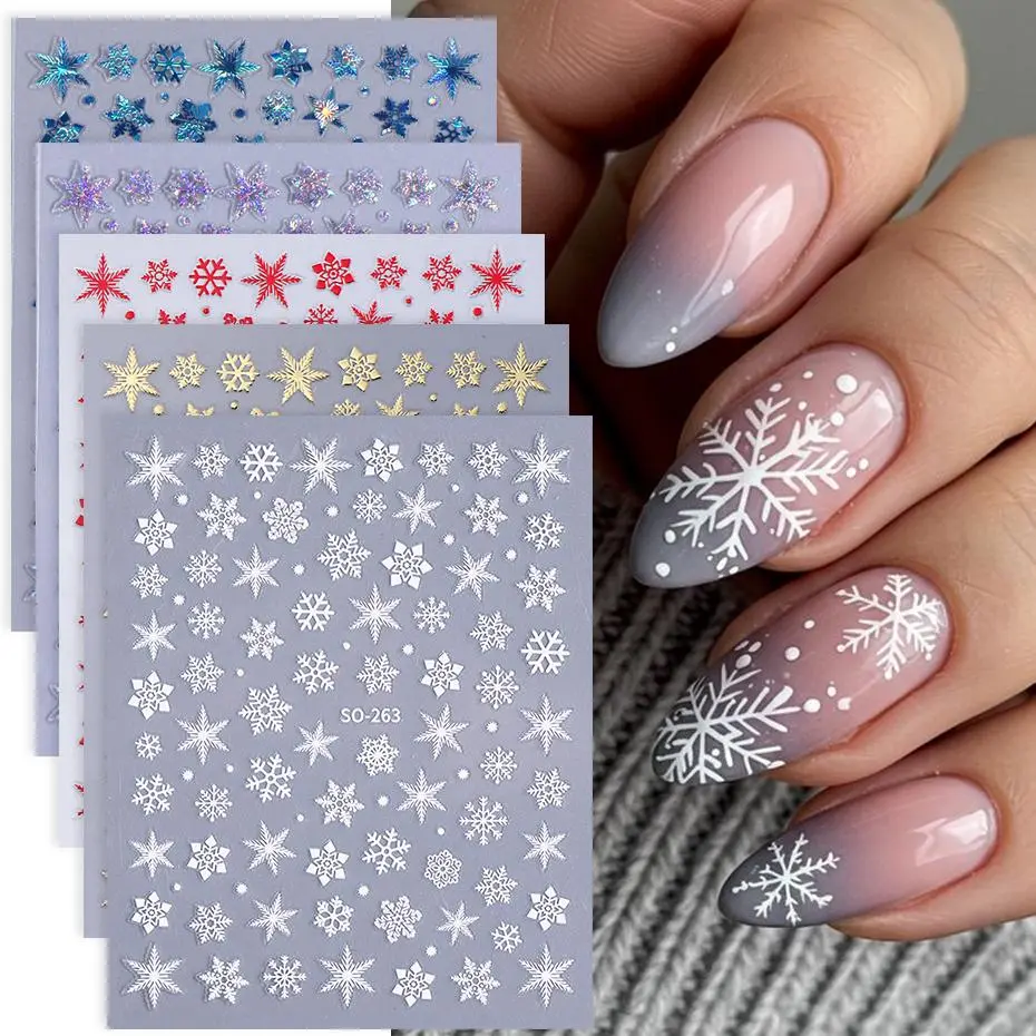 5 Colors Christmas Nail Art Stickers 3D Winter Snowflakes New Year Nail Decals Self-Adhesive Sliders DIY Manicure Decoration ﻿