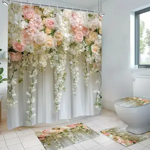 Floral Pattern Shower Curtain Set, 1 Count Flower Shower Curtain/4 Counts Including Shower Curtain & Toilet Mat & Bath Mat & U-shaped Mat, Bathroom Decor Supplies, Bathroom Decoration Accessories