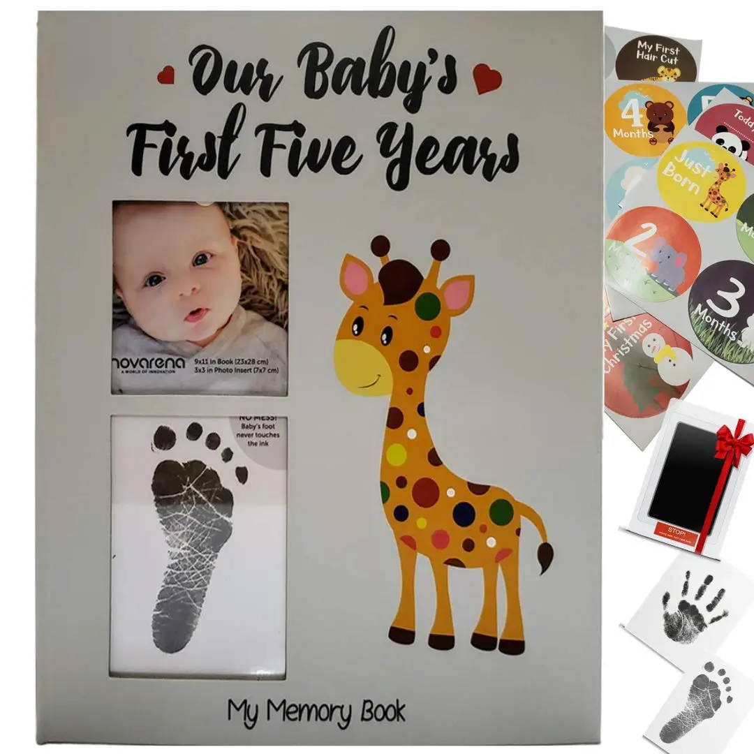 Novarena First 5 Years Baby Memory Book Journal Scrapbook 48 Pack Monthly Milestones Stickers & Clean-Touch Baby Safe Ink Pad