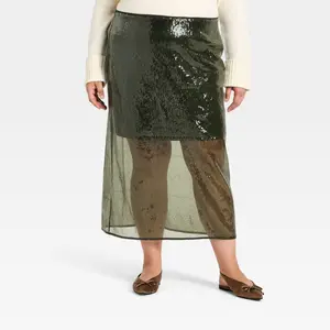 Women's Sequin Midi Skirt - A New Day Olive Green 1X
