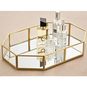 Elegant Glass Vanity Tray with Mirror - Ornate Jewelry Organizer for Dresser and Bathroom Storage, 12.4"x8.5" Home Decor Tray, Reusable Trinket Display for Makeup and Accessories Box Cleaner Gift Fragrance