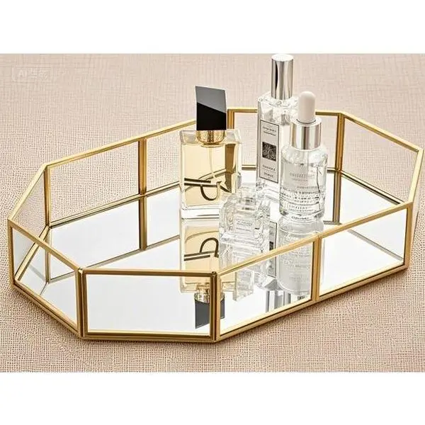 Elegant Reflective Glass Vanity Tray with Mirror - 12.4"x8.5" 1.5 lbs Metal Modern Bathroom Counter Organizer, Ornate Gold Detail Jewelry Organizer with Mirrorlit Shine for Dresser Storage, Home Decor Gift, Accessory, Trinket Display